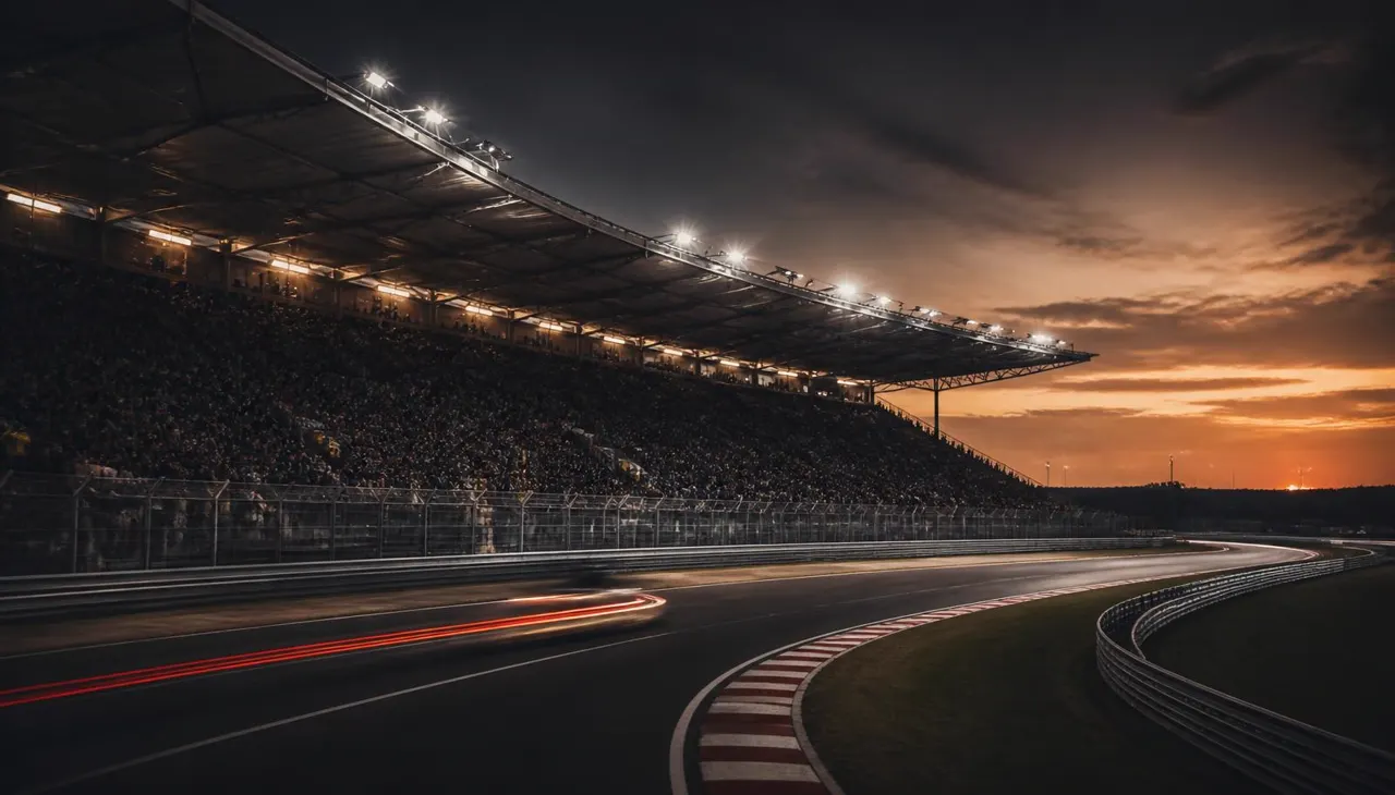 A packed floodlit motorsport grandstand at sunset with light trails sweeping around the circuit.