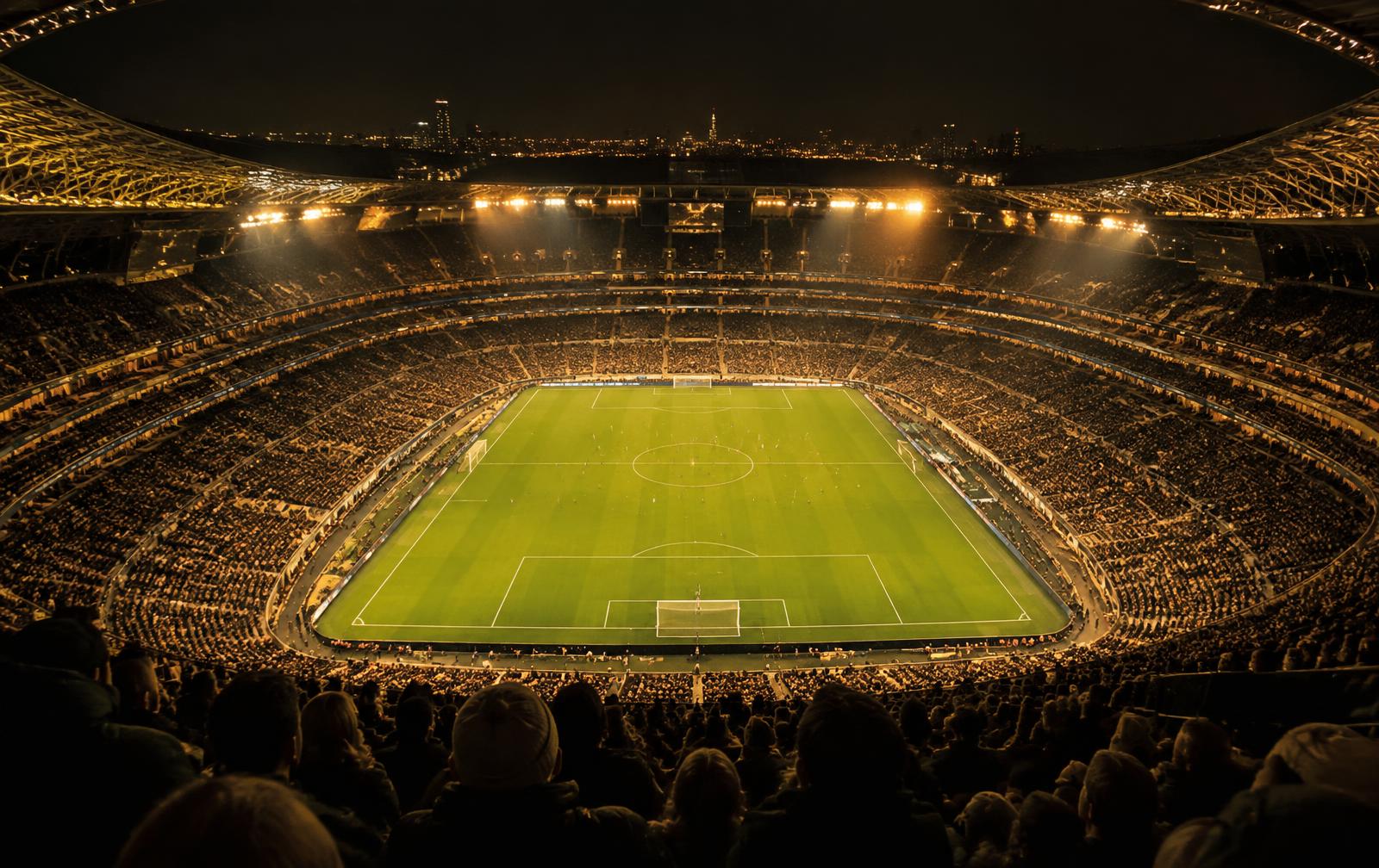 A packed football stadium under floodlights at night