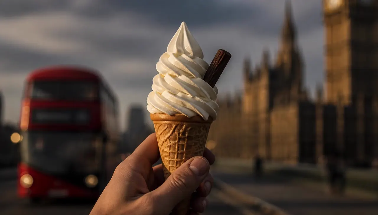 A soft-serve ice cream cone with a chocolate flake held up against a blurred London street at dusk.