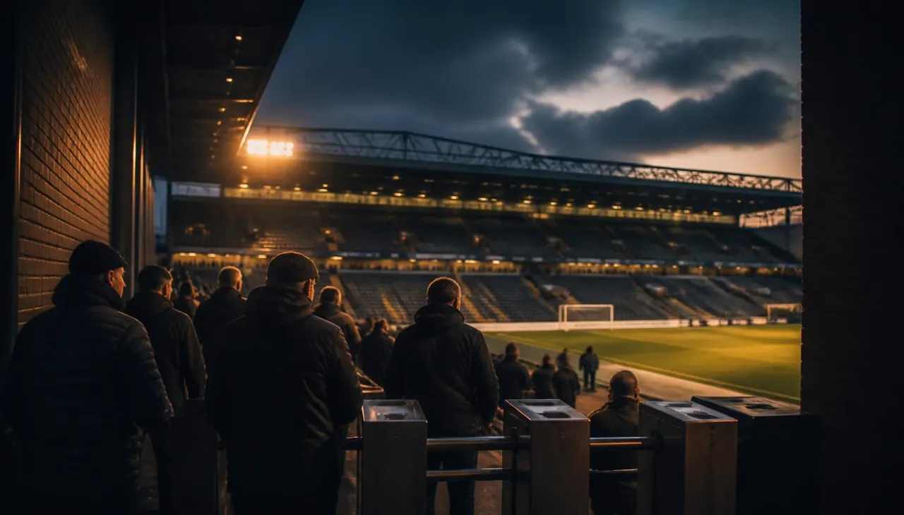 Supporters queueing at floodlit stadium turnstiles on an English matchday evening.
