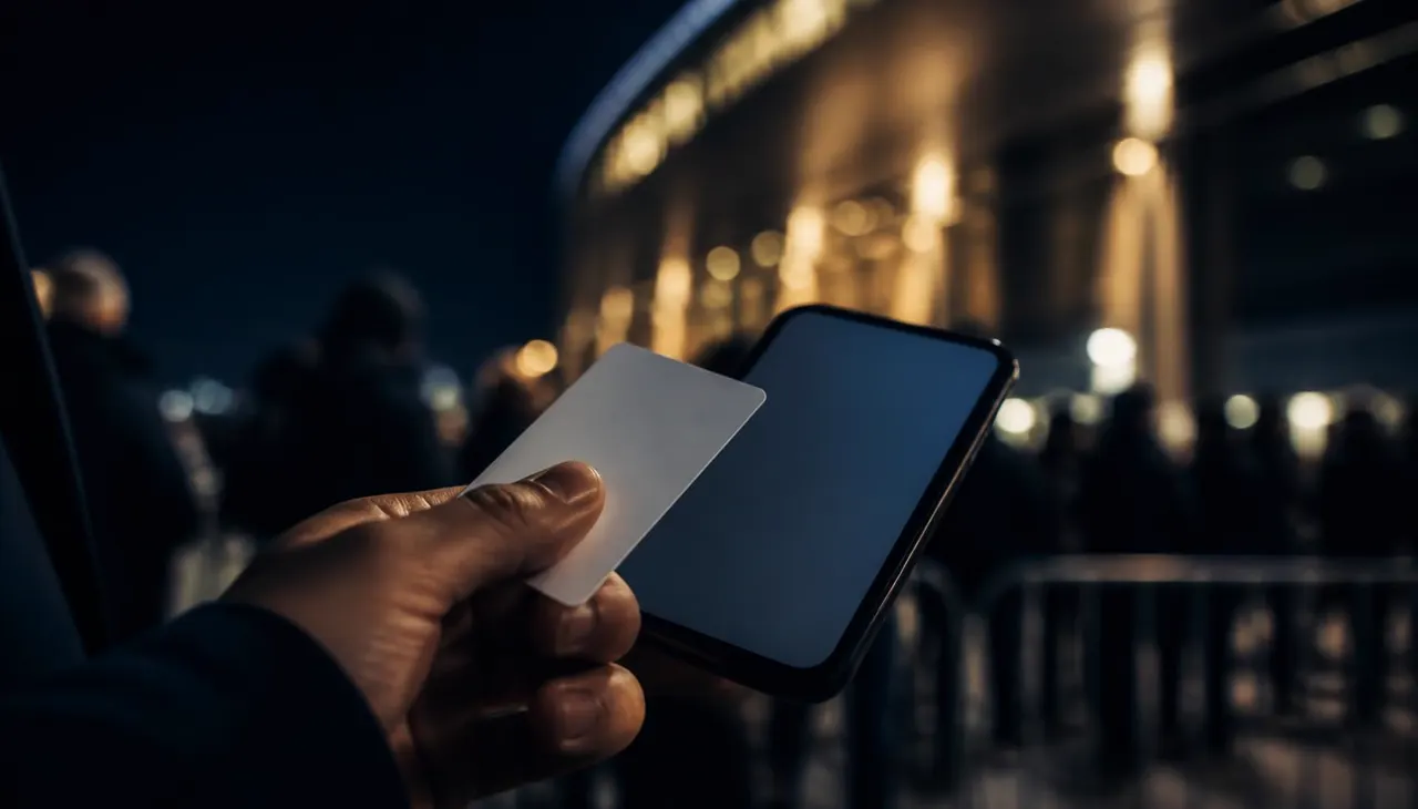 A supporter holding a blank membership card and a phone outside a floodlit stadium entrance at night.